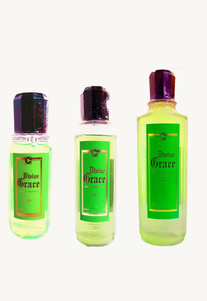 Three green Divine Grace Perfume bottles in varying sizes with green labels and dark caps