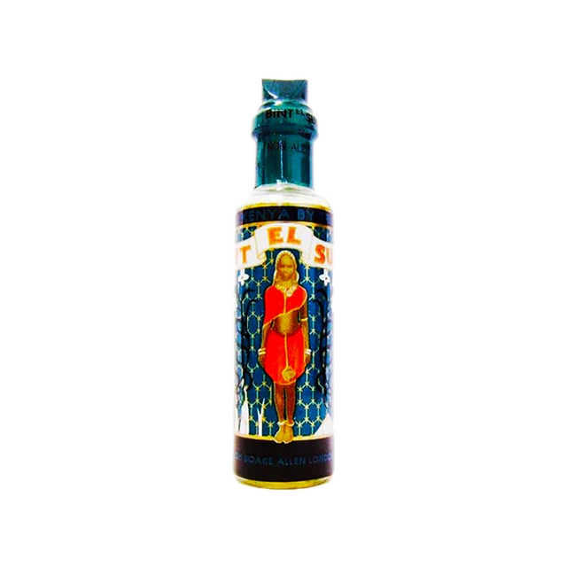 Divinelight glass bottle with illustrated label of a robed woman on blue pattern Bint El Sudan Oil